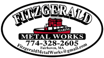 Fitzgerald-Metalworks-Logo White and black lettering with a red and black barge image in the middle of the logo.