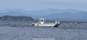 Fitzgerald Metalworks. A small catamaran-style utility work boat vessel on the water.